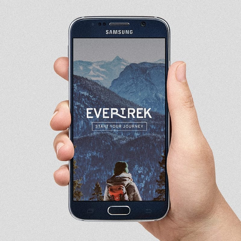 EverTrek landing page shown on mobile phone - a picture of Mount Everest with the EverTrek logo on top.